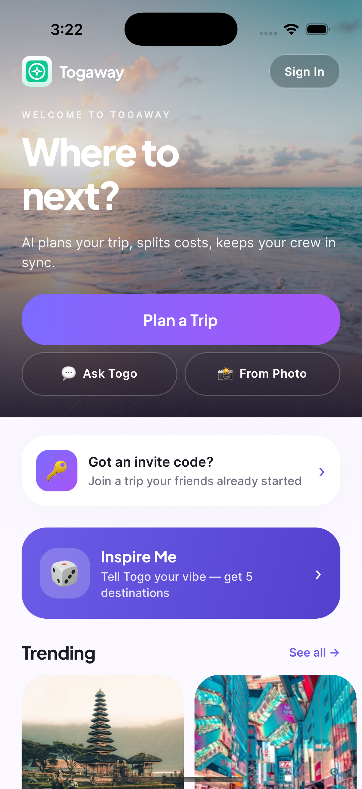 Togaway home screen — Where to next?