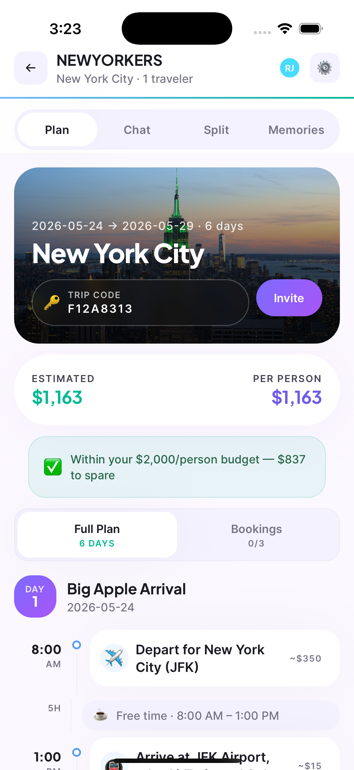 Trip dashboard with itinerary